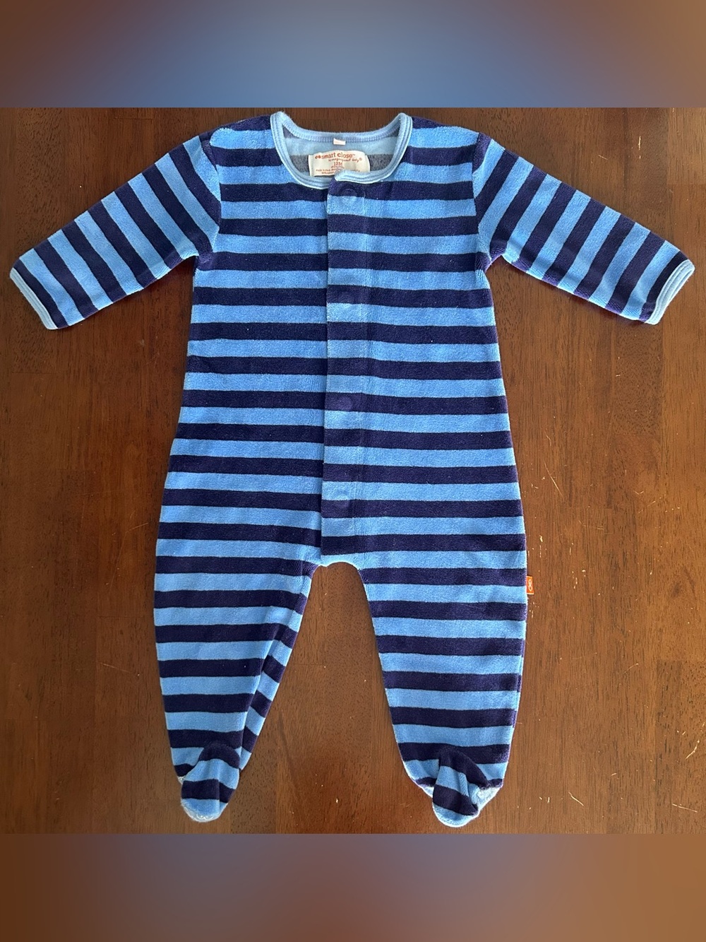 Magnificent Baby Blue & Navy Velour Striped Footed Magnetic Closure Sleeper